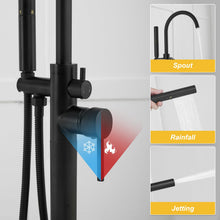 Load image into Gallery viewer, BESy Freestanding Bathtub Faucet Tub Filler Free Standing Floor Mount Stand Brass Bathroom Tub Faucets with 2 Function Hand Shower Wand Swivel, Matte Black Finish
