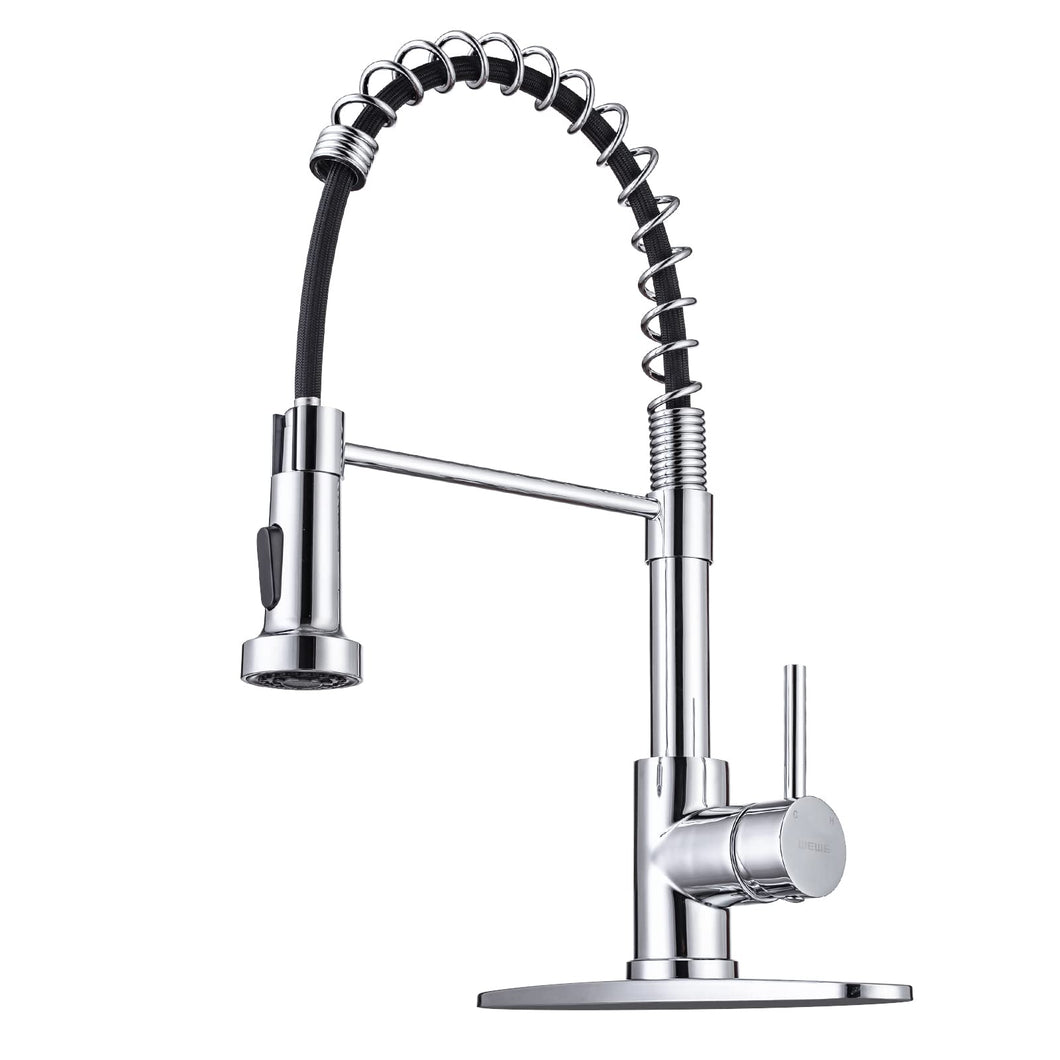WEWE Chrome Kitchen Faucet, Faucet for Kitchen Sink with Pull Down Sprayer Kitchen Faucet with Deck Plate Stainless Steel Single Handle Spring for Farmhouse Utility Bar Laundry Sinks