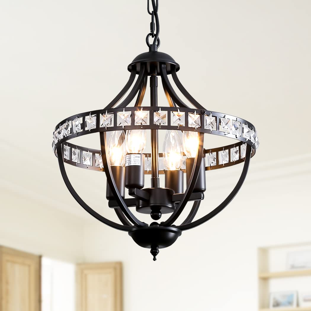 Crystal Chandelier Light Fixtures, 4-Lights Farmhouse Rustic Vintage Black Pendant Hanging Lighting Ceiling Chandeliers for Kitchen Island Dining Room Living Room Bedroom Foyer Hallway