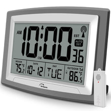 Load image into Gallery viewer, WallarGe Atomic Clock with Outdoor and Indoor Temperature - 12.5 Inch Self-Setting Digital Clock Large Display, Battery Operated Wall Clocks or Desk Clocks for Bedroom, Livingroom, Office
