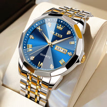 Load image into Gallery viewer, OLEVS Watch for Men Diamond Business Dress Analog Quartz Stainless Steel Waterproof Luminous Date Two Tone Luxury Casual Wrist Watch Blue
