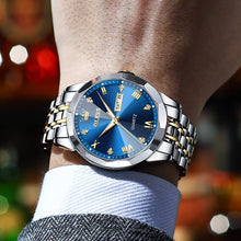 Load image into Gallery viewer, OLEVS Watch for Men Diamond Business Dress Analog Quartz Stainless Steel Waterproof Luminous Date Two Tone Luxury Casual Wrist Watch Blue
