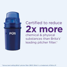 Load image into Gallery viewer, PUR 30-Cup Water Filter Dispenser with 1 Genuine PUR Filter, Large 30-Cup Capacity, 2-in-1 Powerful, Faster Filtration, Lasts 2 Months or 40 Gallons, Dishwasher Safe, White/Blue (DS1800Z)
