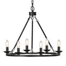 Load image into Gallery viewer, Black Farmhouse Chandelier, 6-Light Wagon Wheel Chandelier with Adjustable Height, Dining Room Light Fixture, Hanging Lights for Kitchen Island, Living Room, Bedroom, Entryway, E12 Base
