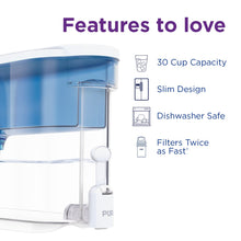 Load image into Gallery viewer, PUR 30-Cup Water Filter Dispenser with 1 Genuine PUR Filter, Large 30-Cup Capacity, 2-in-1 Powerful, Faster Filtration, Lasts 2 Months or 40 Gallons, Dishwasher Safe, White/Blue (DS1800Z)
