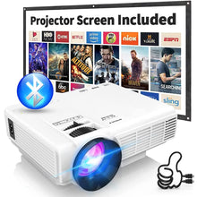 Load image into Gallery viewer, PANSEBA Projector with Two-way Bluetooth, Mini Projector with Projector Screen, Full HD 1080P Portable Video Projector, Home Movie Projector Compatible with HDMI/USB/Smartphone
