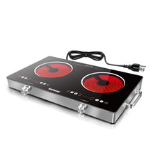 Load image into Gallery viewer, Karinear 2 Burner Electric Cooktop 110V, Portable Electric Stove with Handle, Knob Control Electri Hot Plate, Ceramic Countertop Burner, Timer, Safety Lock, 9 Power Level, 2000W, 24 inch(White)
