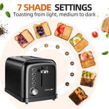 Load image into Gallery viewer, RAMJOY Black Toaster 2 Slice, Extra Wide Slot Toaster for Bagels, Bread, Waffles, 7 Shade Settings, 4 Main Functions, Removable Crumb Tray, 900 Watts Toasters, Black Stainless Steel
