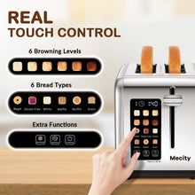 Load image into Gallery viewer, Mecity 2 Slice Toaster Touch Screen 1.5&quot; Wide Slot, Stainless Steel Smart Bread Toaster for Bagel Muffin Waffle Gluten Free Breads, Timer, Defrost, Reheat, 120V 825W

