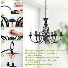 Load image into Gallery viewer, 6-Light Farmhouse Candle Chandelier for Living Room, Rustic Industrial Pendant Ceiling Light fixture, Vintage Hanging Lamp for Bedroom Hallway Kitchen Dining Room Foyer, Matte Black E12 Socket

