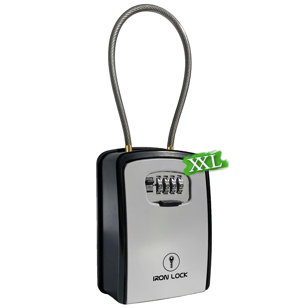 Iron Lock® XXL Key Lock Box Portable and Wall Mounted with Removable Cable Shackle Waterproof Indoor Outdoor 4 Digit Combination with Resettable Code with A B Switch Extra Large Key Lockbox Outside