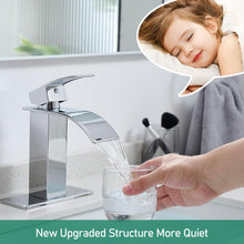 Load image into Gallery viewer, VOTON Chrome Bathroom Faucets Waterfall Bathroom Sink Faucet Modern Single Handle Bathroom Faucet for 1 or 3 Holes with Deck Plate and Pop-Up Drain, Rv Sink Camper Farmhouse Bathroom Faucet
