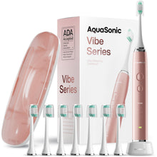 Load image into Gallery viewer, Aquasonic Vibe Series Ultra-Whitening Toothbrush – ADA Accepted Electric Toothbrush - 8 Brush Heads &amp; Travel Case – 40,000 VPM Motor &amp; Wireless Charging - 4 Modes w Smart Timer – Satin Rose Gold
