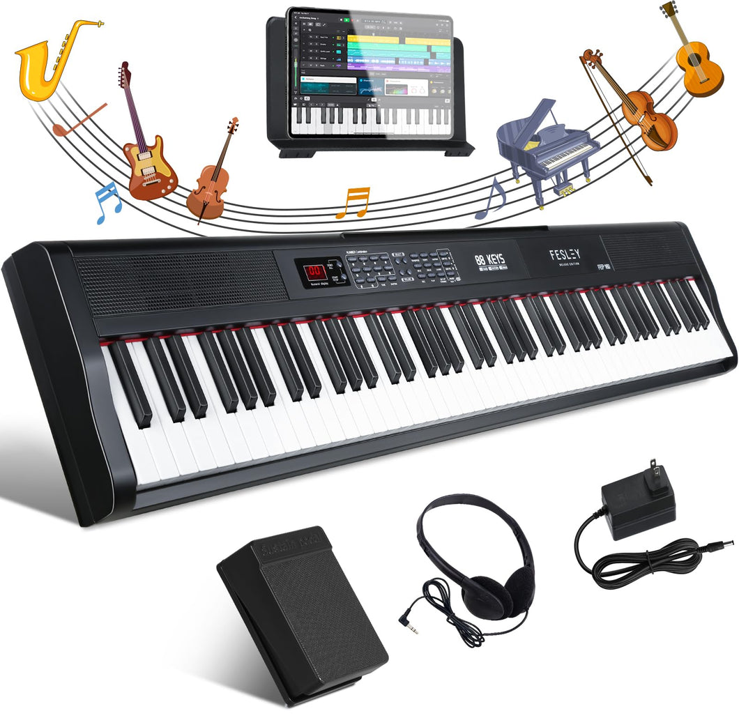 Fesley Piano Keyboard 88 Keys: Bluetooth Full-Size Digital Piano Keyboard, 900 Tones Portable Electric Keyboard Piano, 88 Key Keyboard Electronic with Built-in Sustain Pedal, Split, MIDI, FEP160
