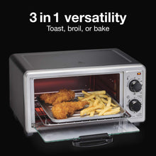 Load image into Gallery viewer, Proctor Silex 4 Slice Countertop Toaster Oven, Multi-Function with Bake, Toast and Broiler, 1100 Watts, 30 min timer and auto-shutoff, Includes Backing Pan and Rack, Black and Silver (31260)
