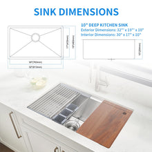 Load image into Gallery viewer, SANYCASA Kitchen Sink 32&quot; x 19&quot; Multifunctional Undermount Workstation Kitchen Sink S304 Stainless Steel Handmade Modern Single Bowl Kitchen Sink with Accessories and Integrated Ledge - 10 Inch Depth
