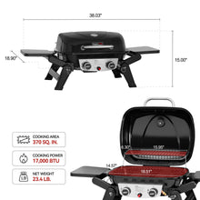 Load image into Gallery viewer, Royal Gourmet GT2005 2-Burner Portable Propane Gas Grill with Foldable Side Tables &amp; Foldable Support Legs, Tabletop Gas Grill with Warming Rack for for Outdoor Cooking &amp; Grilling, Black
