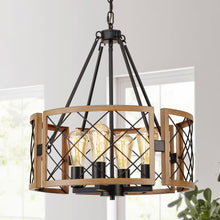 Load image into Gallery viewer, SANTOSTOCK D19&#39;&#39; Farmhouse Chandelier for Dining Room, 4-Light Adjustable Kitchen Island Lighting, Vintage Hanging Pendant Light Fixtures for Entryway Foyer Bedroom Hallway, Black &amp; Dark Oak
