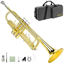 Load image into Gallery viewer, Fesley Bb Standard Trumpet Set: Brass Trumpets for Beginner Student, Brass Trumpet Instrument with 7C Mouthpiece, Hard Case, Cleaning Kit (Golden)
