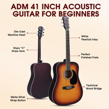 Load image into Gallery viewer, ADM Dreadnought Acoustic Guitar Kit with Free Lesson for Beginner Adult Teen Full Size Acustica Guitarra Starter Bundle Set w/Bag Strap Tuner Capo Pickguard Music Stand Right Hand(Sunburst, 41 Inch)
