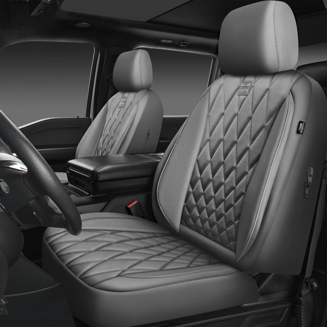 CAR PASS Piping Luxury PU Leather Two Front Car Seat Covers, Waterproof Anti Slip Seat Covers Compatible with Front Seat Armrests,Universal Fit for Suvs,Vans,Trucks,Airbag Compatible(All Gray)