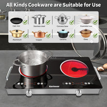 Load image into Gallery viewer, Karinear 2 Burner Electric Cooktop 110V, Portable Electric Stove with Handle, Knob Control Electri Hot Plate, Ceramic Countertop Burner, Timer, Safety Lock, 9 Power Level, 2000W, 24 inch(White)
