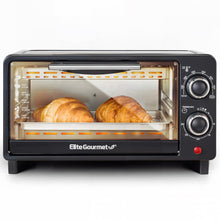 Load image into Gallery viewer, Elite Gourmet ETO490 9L/4 Slice Countertop Toaster Oven with 30-Minute Timer, Adjustable Temperature Control, Includes Baking Pan and Wire Rack, Bake, Broil, Toast, Black
