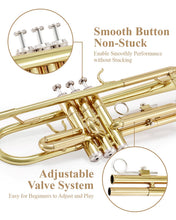 Load image into Gallery viewer, Eastar Bb Standard Trumpet Set for Beginner, Brass Student Trumpet Instrument with Hard Case, Cleaning Kit, 7C Mouthpiece and Gloves, ETR-380, Golden
