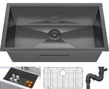 Load image into Gallery viewer, YITAHOME Black Kitchen Sink 30in Undermount Sink Single Bowl 16 Gauge Stainless Steel Nano Gunmetal Black Sink with Accessories for Workstation, Prep Kitchen, Bar Sink 30 x 18 x 10in
