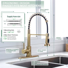 Load image into Gallery viewer, WEWE Brushed Gold Kitchen Faucet with Pull Down Sprayer, RV Brass Kitchen Faucet Stainless Steel Single Handle Spring Faucet with Deck Plate for Farmhouse Utility bar Laundry Sinks
