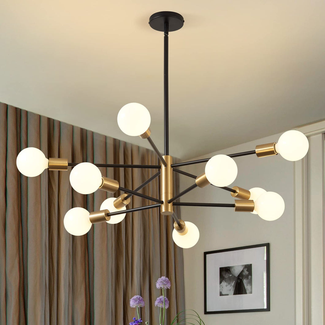 KAISITE Modern Chandelier Dining Room Light Fixture Over Table 10-Light Sputnik Chandelier Ceiling Light Fixture Height Adjustable Black and Gold Mid Century Pendant Lighting for Kitchen Living Room