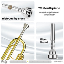 Load image into Gallery viewer, Fesley Bb Standard Trumpet Set: Brass Trumpets for Beginner Student, Brass Trumpet Instrument with 7C Mouthpiece, Hard Case, Cleaning Kit (Golden)
