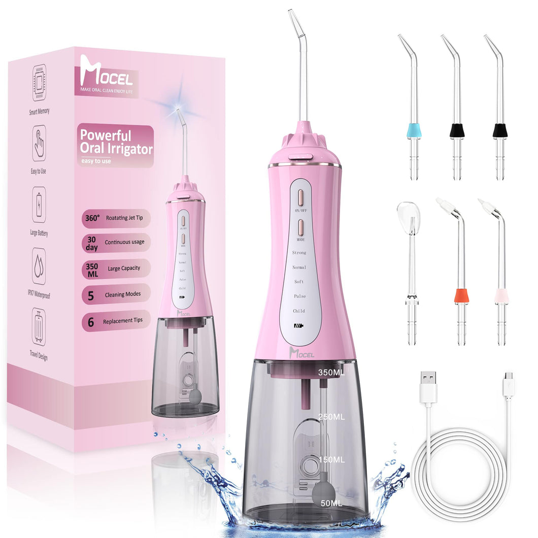 Water Dental Flosser Cordless Teeth Cleaning MOCEL 5 Modes Oral Irrigator Portable and USB C Cable Rechargeable IPX7 Waterproof Flossing Teeth Pick Irrigation Cleaner for Home Travel (Pink)