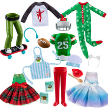 Load image into Gallery viewer, The Elf on The Shelf Claus Couture 2024 Complete 6 Set: PJs, 2 Dresses, Chef, Skateboarder, Football
