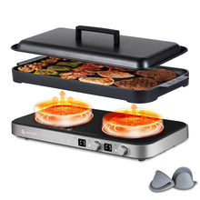 Load image into Gallery viewer, AMZCHEF Double Induction Cooktop with Removable Griddle Pan Non-stick, 1800W 2 burner Portable Induction Stove With Sensor Touch 9 Power Levels, 99 Min Timer, Iron Grey
