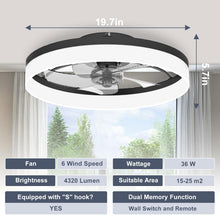 Load image into Gallery viewer, VOLISUN Low Profile Ceiling Fans with Lights and Remote, Fandelier Ceiling Fan Flush Mount, 3000K-6500K Smart Bladeless LED Fan Light, Black Modern Ceiling Fans with Lights for Bedroom
