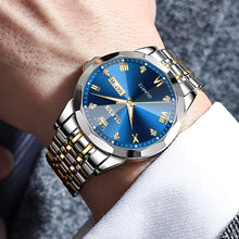 Load image into Gallery viewer, OLEVS Watch for Men Diamond Business Dress Analog Quartz Stainless Steel Waterproof Luminous Date Two Tone Luxury Casual Wrist Watch Blue
