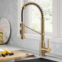 Load image into Gallery viewer, KRAUS Bolden Commercial Style 2-Function Single Handle Pull Down Kitchen Faucet in Spot-Free Brushed Brass, KPF-1610BB
