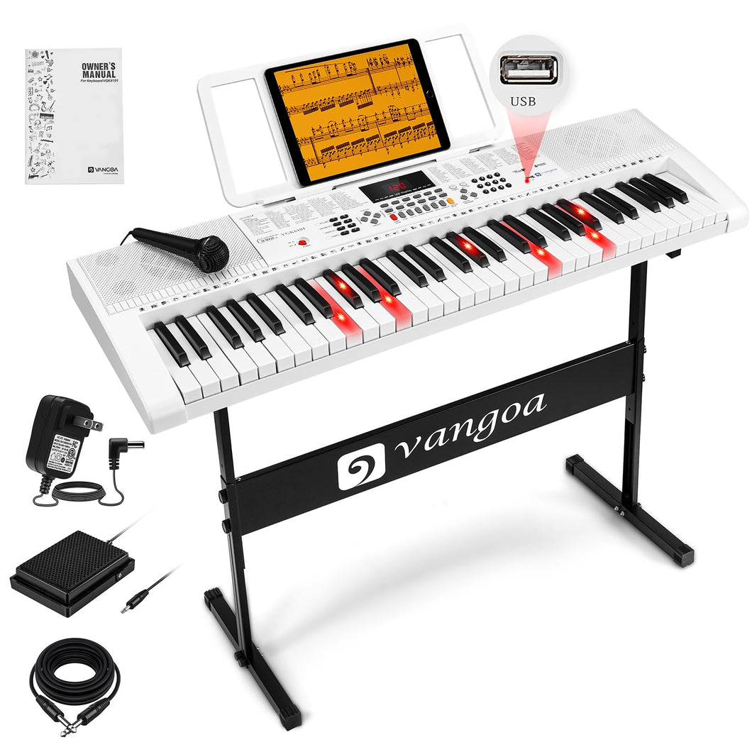 Vangoa Piano Keyboard for Beginners, VGK6101 61 Key Learning Keyboard Piano w/Lighted Keys, Electric Piano Keyboard with 600 Voices & 50 Demos, Stand/Microphone, USB, Record, Split for Students