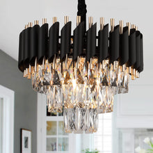 Load image into Gallery viewer, A AXILIXI Modern Crystal Chandeliers 3 Tiers Black and Gold Pendant Light Fixtures 16” Round Flush Mount Chandeliers Ceiling Lighting Dimmable for Living Room Dining Room Foyer Bedroom Kitchen

