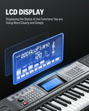 Load image into Gallery viewer, Donner 61 Key Keyboard Piano, Electric Piano Keyboard Kit with 249 Voices, 249 Rhythms - Includes Piano Stand, Stool, Microphone, Gift for Beginners, Black (DEK-610S)
