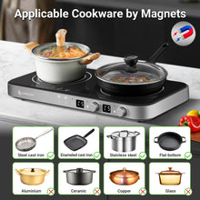 Load image into Gallery viewer, AMZCHEF Double Induction Cooktop with Removable Griddle Pan Non-stick, 1800W 2 burner Portable Induction Stove With Sensor Touch 9 Power Levels, 99 Min Timer, Iron Grey

