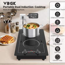 Load image into Gallery viewer, VBGK 2 burner Induction cooktop,110V 2300W double burner hot plate with LED Touch Screen, 9 Power Levels, Kids Lock &amp; Timer, Overheat Protection, knob and touch control Double Induction Cooktop
