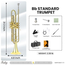 Load image into Gallery viewer, Fesley Bb Standard Trumpet Set: Brass Trumpets for Beginner Student, Brass Trumpet Instrument with 7C Mouthpiece, Hard Case, Cleaning Kit (Golden)
