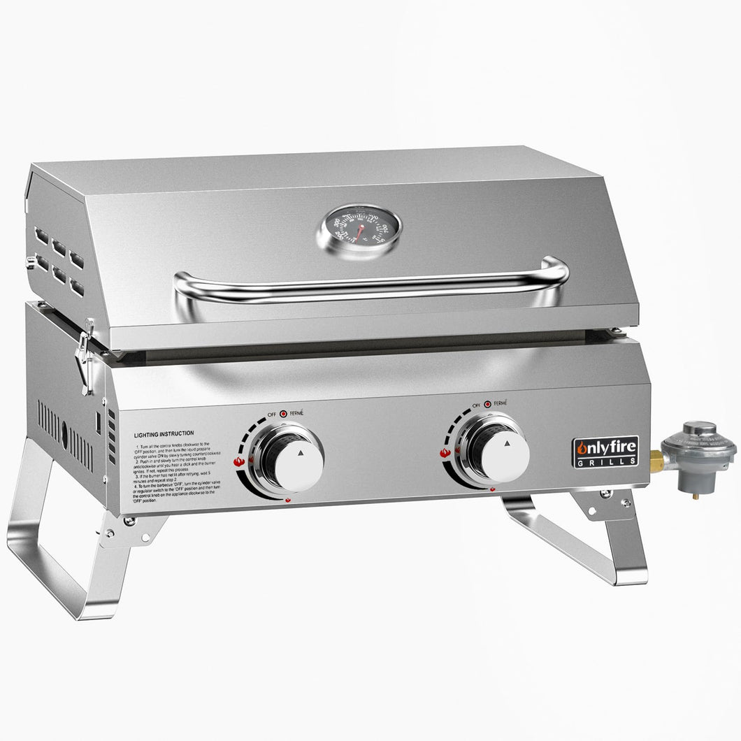 Onlyfire Flat Top Gas Griddle with Lid & Foldable Legs, 2-Burner Tabletop BBQ Propane Grill Griddle, Portable Grill Stove for Outdoor Cooking Patio Party Camping Tailgating RV, Stainless Steel, GS318