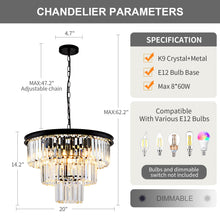 Load image into Gallery viewer, HCCZ 8 Light Modern Crystal Chandelier 20&#39;&#39; Black Chandeliers for Dining Room Contemporary Pendant Light Fixture Round 3-Tier Adjustable Height E12 for Living Room, Foyer, Entryway, Bedroom
