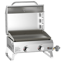 Load image into Gallery viewer, Onlyfire Flat Top Gas Griddle with Lid &amp; Foldable Legs, 2-Burner Tabletop BBQ Propane Grill Griddle, Portable Grill Stove for Outdoor Cooking Patio Party Camping Tailgating RV, Stainless Steel, GS318

