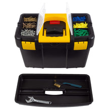 Load image into Gallery viewer, Portable Tool Box with Wheels - Stackable 2-in-1 Tool Chest with Fold-Down Comfort Handles, Tough Latches, and Removable Storage Trays by Stalwart, Black/Yellow
