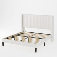 Load image into Gallery viewer, Allewie Full Size Velvet Bed Frame/Vertical Channel Tufted Wingback Headboard/Upholstered Platform Bed/Strong Wooden Slats/No Box Spring Needed/Easy Assembly/White
