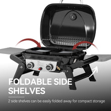 Load image into Gallery viewer, Royal Gourmet GT2005 2-Burner Portable Propane Gas Grill with Foldable Side Tables &amp; Foldable Support Legs, Tabletop Gas Grill with Warming Rack for for Outdoor Cooking &amp; Grilling, Black

